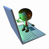 3d business man character standing on laptop