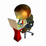 3d business man character sitting with laptop at desk
