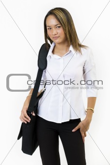 Sreyna portrait, white top and bag 1