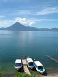 Volcanos Atitlan and Toliman over lake Atitlan caldera, Guatemala