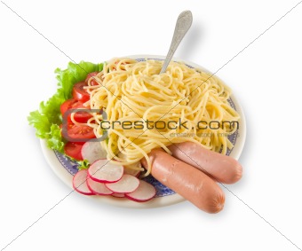 Spaghetti with sausages on a plate isolated