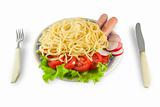 Spaghetti with sausages on a plate isolated