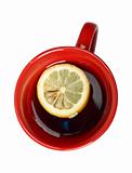 Red cup of tea with lemon