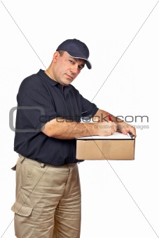Courier holding the box and writing