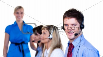 Businessman talking with headset 