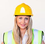 Blonde female with hard hat on 