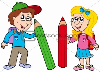 Boy and girl with giant crayons