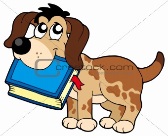 Dog holding book
