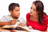Attractive Hispanic Mother and Son Studying Isolated on a White Background.