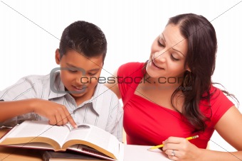 Attractive Hispanic Mother and Son Studying Isolated on a White Background.