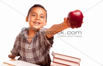 Adorable Hispanic Boy with Books, Apple, Pencil and Paper Isolated on a White Background.