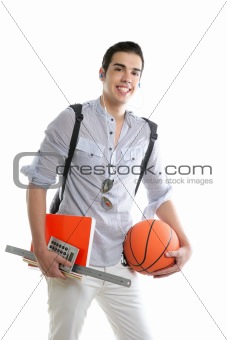 American look student boy with basket ball