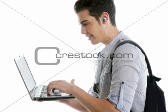 Male young student homework with laptop