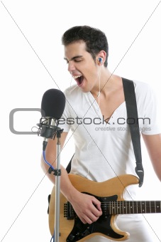 Musician young man playing electric guitar