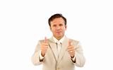 Businessman showing with both hands thumbs up 