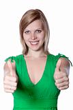 young woman gives thumbs up