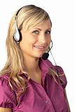 Young business woman talking on a headset