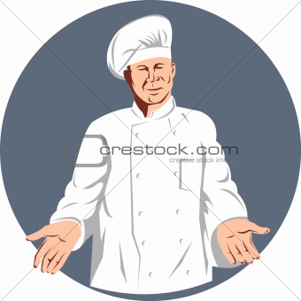 Chef cook with hands outstretch