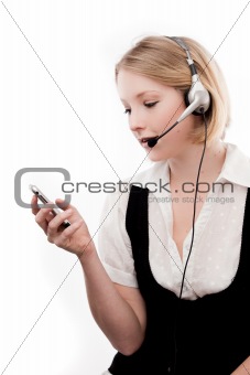 young woman headset and mobile