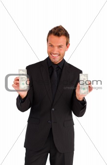Happy businessman holding money 
