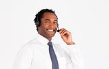 Businessman with aheadset smiling 