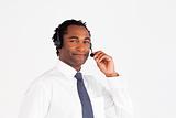 Isolated afro-american businessman with headset 