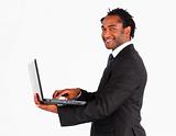 Closeup of businessman working on laptop 