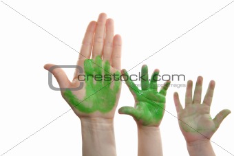 Green paint mother, son, daughter hand