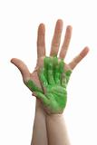 Green paint mother, son, daughter hand
