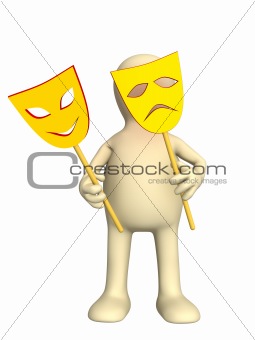 3d puppet with two masks in hands