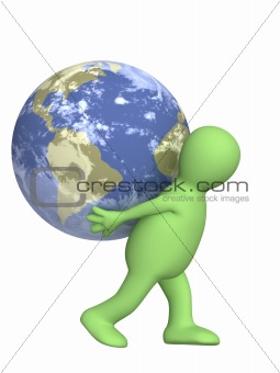 3d puppet, carrying the Earth