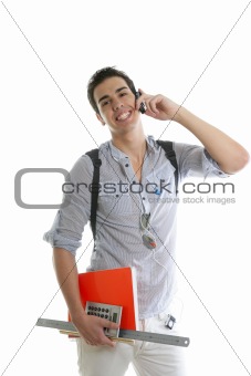 Handsome student talking mobile cell phone