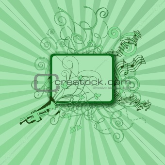 Green frame with flowers and music ornaments