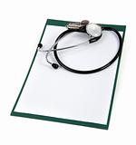 blank clipboard with stethoscope on white