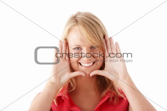 Casual caucasian young woman framing her face
