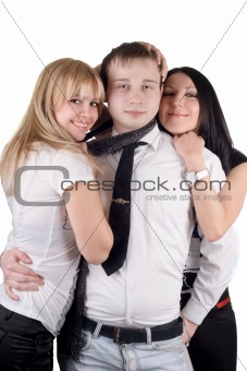 Young man and two young women. Isolated