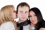 Portrait of the young man and two young women. Isolated