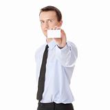 Businessman holding blank card