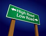 High Road, Low Road Green Road Sign Illustration on a Radiant Blue Background.