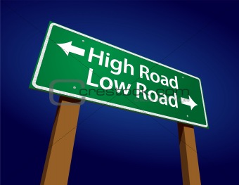 High Road, Low Road Green Road Sign Illustration on a Radiant Blue Background.