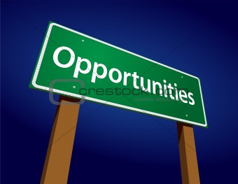 Opportunities Green Road Sign Illustration on a Radiant Blue Background.