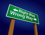 Right Way, Wrong Way Green Road Sign Illustration on a Radiant Blue Background.