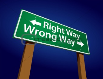 Right Way, Wrong Way Green Road Sign Illustration on a Radiant Blue Background.