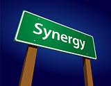 Synergy Green Road Sign Illustration on a Radiant Blue Background.