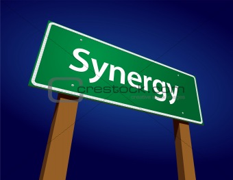 Synergy Green Road Sign Illustration on a Radiant Blue Background.