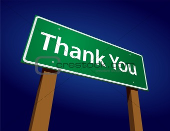 Thank You Green Road Sign Illustration on a Radiant Blue Background.