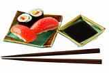 Sushi  and roll with salmon isolated over white background (path