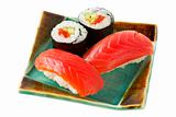 Sushi  and roll with salmon isolated over white background (path