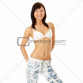 Young sexy woman in bra and jeans