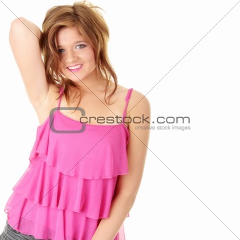 Beautiful brunette girl in hot pink.